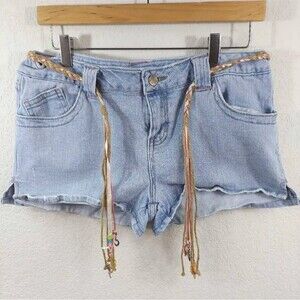 Lilu Jean Shorts Blue Belt Fringe Light Wash Zip Cotton Blend Beach Junior  13